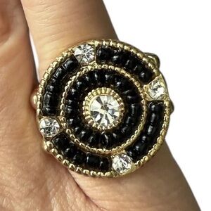 Gold Tone Black Beaded Rhinestone Adjustable Stretch Ring Size 5 & Up New